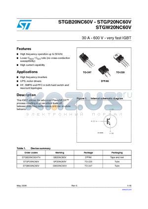 STGB20NC60V datasheet - 30 A - 600 V - very fast IGBT