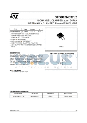 STGB20NB37LZT4 datasheet - N-CHANNEL CLAMPED 20A - D2PAK INTERNALLY CLAMPED PowerMESH TM IGBT