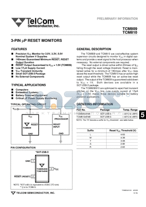 TCM809 datasheet - 3-PIN UP RESET MONITORS