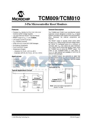 TCM809 datasheet - 3-Pin Microcontroller Reset Monitors