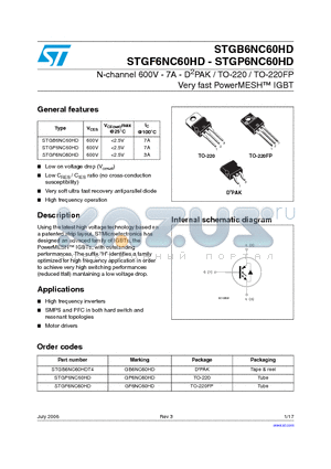 STGB6NC60HD datasheet - N-channel 600V - 7A - D2PAK / TO-220 / TO-220FP Very fast PowerMESH TM IGBT