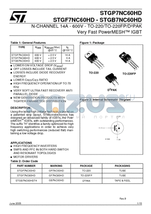 STGB7NC60HD datasheet - N-CHANNEL 14A - 600V - TO-220/TO-220FP/DPAK Very Fast PowerMESH IGBT