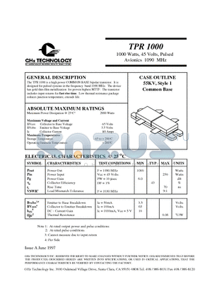 TPR1000 datasheet - 1000 Watts, 45 Volts, Pulsed Avionics 1090 MHz