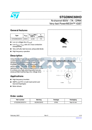 STGD10NC60KD datasheet - N-channel 600V - 10A - DPAK Short circuit rated PowerMESH TM IGBT