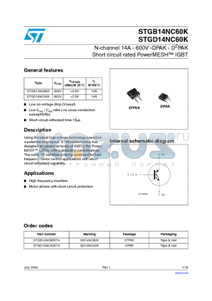 STGD14NC60KT4 datasheet - N-channel 14A - 600V -DPAK - D2PAK Short circuit rated PowerMESH TM IGBT
