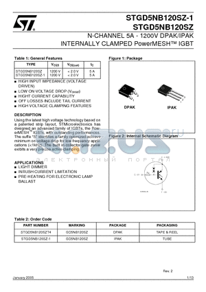 STGD5NB120SZ datasheet - N-CHANNEL 5A -1200V DPAK/IPAK INTERNALLY CLAMPED PowerMESH IGBT