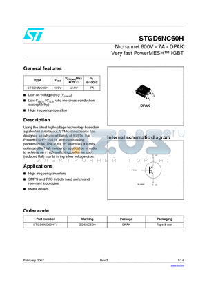 STGD6NC60H datasheet - N-channel 600V - 7A - DPAK Very fast PowerMESH TM IGBT