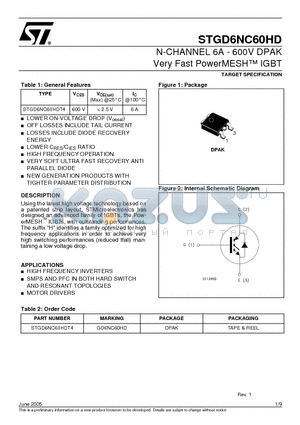 STGD6NC60HDT4 datasheet - N-CHANNEL 6A - 600V DPAK Very Fast PowerMESH  IGBT