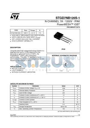 STGD7NB120S-1_0008 datasheet - N-CHANNEL 7A - 1200V - IPAK PowerMESH  IGBT