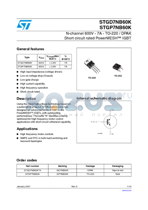 STGD7NB60K datasheet - N-channel 600V - 7A - TO-220 / DPAK Short circuit rated PowerMESH TM IGBT