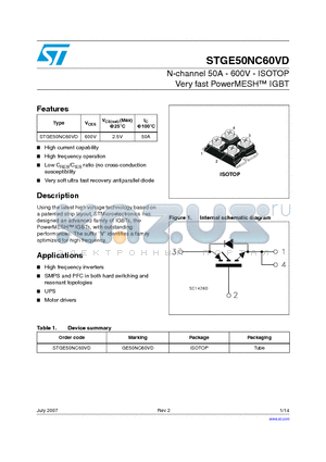 STGE50NC60VD datasheet - N-channel 50A - 600V - ISOTOP Very fast PowerMESTM IGBT