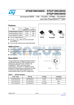 STGF10NC60HD datasheet - N-channel 600V - 10A - TO-220 - D2PAK - TO-220FP very fast PowerMESH IGBT