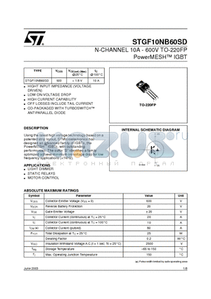 STGF10NB60SD datasheet - N-CHANNEL 10A - 600V TO-220FP PowerMESH IGBT
