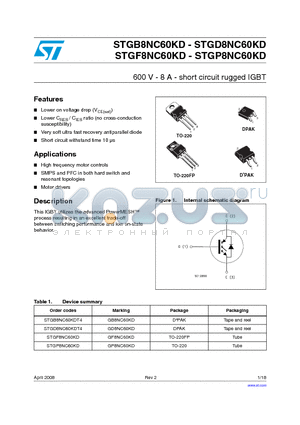 STGF8NC60KD datasheet - 600 V - 8 A - short circuit rugged IGBT
