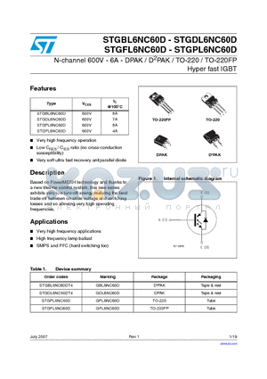 STGFL6NC60D datasheet - N-channel 600V - 6A - DPAK / D2PAK / TO-220 / TO-220FP Hyper fast IGBT