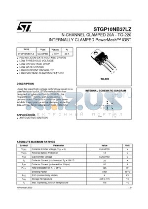 STGP10NB37LZ datasheet - N-CHANNEL CLAMPED 20A - TO-220 INTERNALLY CLAMPED PowerMesh IGBT