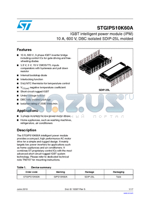 STGIPS10K60A datasheet - IGBT intelligent power module (IPM) 10 A, 600 V, DBC isolated SDIP-25L molded