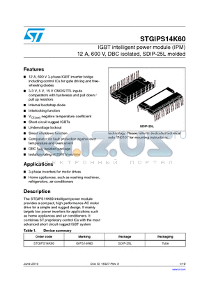 STGIPS14K60 datasheet - IGBT intelligent power module (IPM) 12 A, 600 V, DBC isolated, SDIP-25L molded