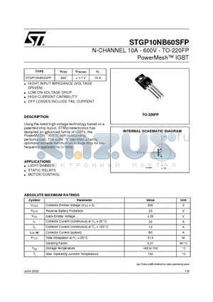 STGP10NB60SFP datasheet - N-CHANNEL 10A - 600V - TO-220FP PowerMesh IGBT