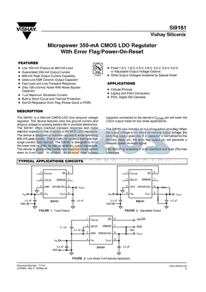 SI9181DQ-15-T1 datasheet - Micropower 350-mA CMOS LDO Regulator With Error Flag/Power-On-Reset