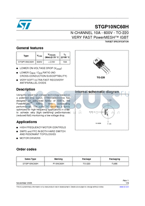 STGP10NC60H datasheet - N-CHANNEL 10A - 600V - TO-220 VERY FAST PowerMESH IGBT