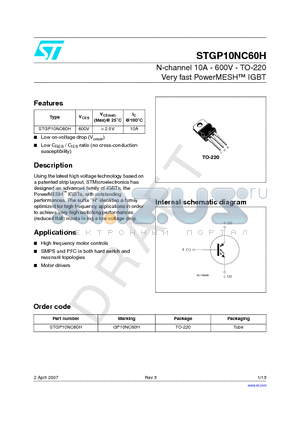 STGP10NC60H_07 datasheet - N-channel 10A - 600V - TO-220 Very fast PowerMESH  IGBT