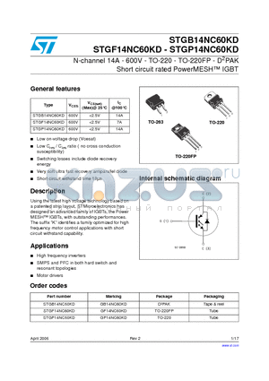 STGP14NC60KD datasheet - N-channel 14A - 600V - TO-220 - TO-220FP - D2PAK Short circuit rated PowerMESH TM IGBT