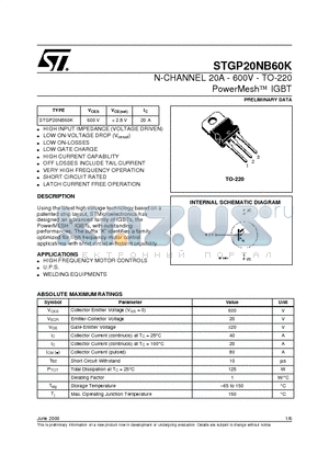 STGP20NB60K datasheet - N-CHANNEL 20A - 600V - TO-220 PowerMesh IGBT