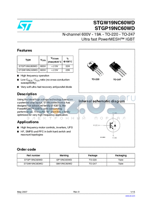 STGP19NC60WD datasheet - N-channel 600V - 19A - TO-220 - TO-247 Ultra fast PowerMESH IGBT
