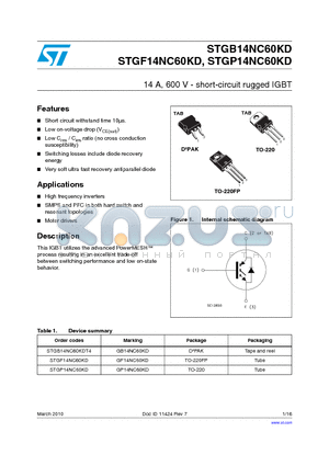 STGP14NC60KD datasheet - 14 A, 600 V - short-circuit rugged IGBT