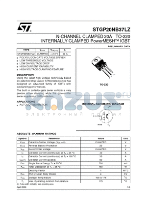 STGP20NB37LZ datasheet - N-CHANNEL CLAMPED 20A TO-220 INTERNALLY CLAMPED PowerMESH  IGBT