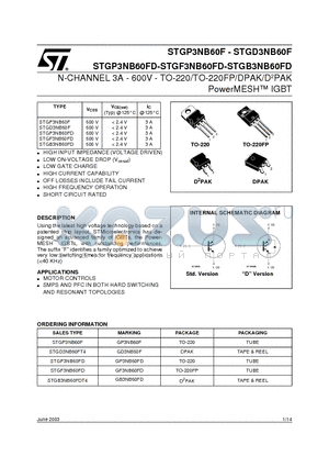 STGP3NB60F datasheet - N-CHANNEL 3A - 600V - TO-220/TO-220FP/DPAK/D2PAK PowerMESH IGBT