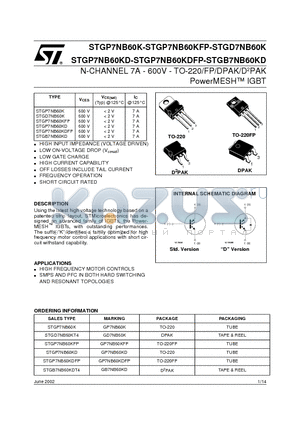 STGP7NB60KD datasheet - N-CHANNEL 7A - 600V - TO-220/FP/DPAK/D2PAK PowerMESH IGBT
