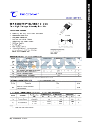 TCMBR20200CT datasheet - 20A SCHOTTKY BARRIER DIODE Dual High Voltage Schottky Rectifier