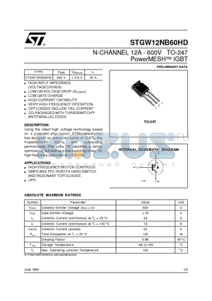 STGW12NB60HD datasheet - N-CHANNEL 12A - 600V TO-247 PowerMESH  IGBT
