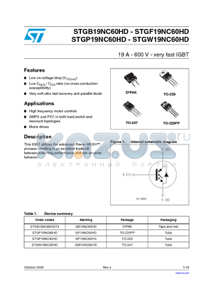 STGW19NC60HD datasheet - 19 A - 600 V - very fast IGBTE[