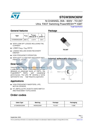 STGW30NC60W datasheet - N-CHANNEL 30A - 600V - TO-247 Ultra FAST Switching PowerMESH IGBT