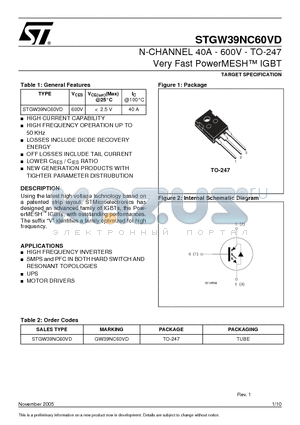 STGW39NC60VD datasheet - N-CHANNEL 40A - 600V - TO-247 Very Fast PowerMESH IGBT