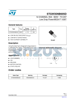 STGW35NB60SD datasheet - N-CHANNEL 35A - 600V - TO-247 Low Drop PowerMESH TM IGBT