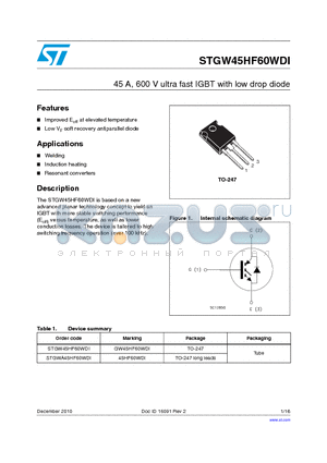 STGW45HF60WDI datasheet - 45 A, 600 V ultra fast IGBT with low drop diode