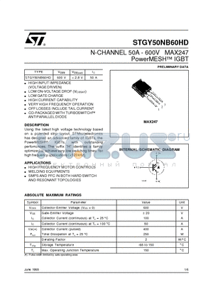 STGY50NB60HD datasheet - N-CHANNEL 50A - 600V MAX247 PowerMESH  IGBT