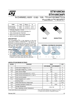 STH10NC60 datasheet - N-CHANNEL 600V - 0.6ohm - 10A - TO-247/ISOWATT218 PowerMeshII MOSFET