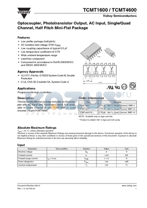 TCMT1600 datasheet - Optocoupler, Phototransistor Output, AC Input, Single/Quad Channel, Half Pitch Mini-Flat Package