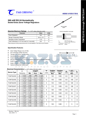 TCMTZJ16V datasheet - 500 mW DO-34 Hermetically Sealed Glass Zener Voltage Regulators