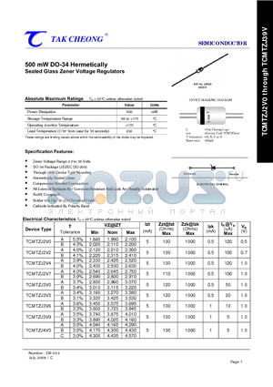 TCMTZJ15V datasheet - 500 mW DO-34 Hermetically Sealed Glass Zener Voltage Regulators
