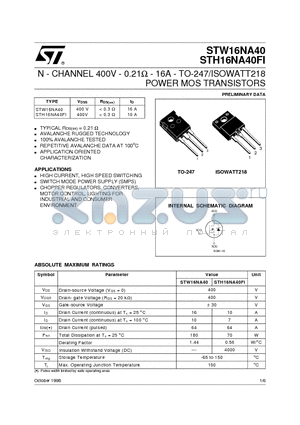 STH16NA40FI datasheet - N - CHANNEL 400V - 0.21ohm - 16A - TO-247/ISOWATT218 POWER MOS TRANSISTORS