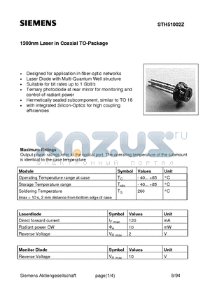 STH51002Z datasheet - 1300nm Laser in Coaxial TO-Package