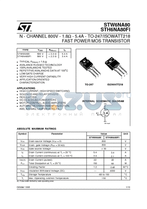 STH6NA80FI datasheet - N - CHANNEL 800V - 1.8ohm - 5.4A - TO-247/ISOWATT218 FAST POWER MOS TRANSISTOR