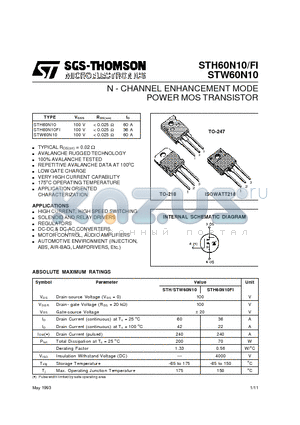 STH60N10FI datasheet - N - CHANNEL ENHANCEMENT MODE POWER MOS TRANSISTOR