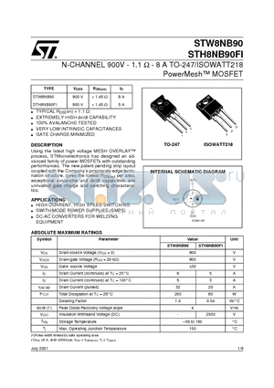 STH8NB90 datasheet - N-CHANNEL 900V - 1.1 ohm - 8 A TO-247/ISOWATT218 PowerMesh MOSFET